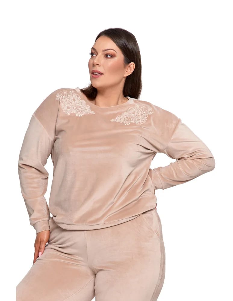 Bluzy damskie - Bluza damska welurowa bez kaptura z haftem BEŻOWY  - produkt moraj.pl 9
