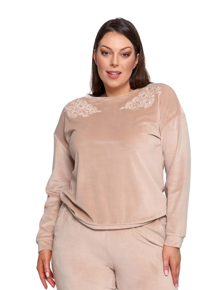Bluzy damskie - Bluza damska welurowa bez kaptura z haftem BEŻOWY  - produkt moraj.pl 10