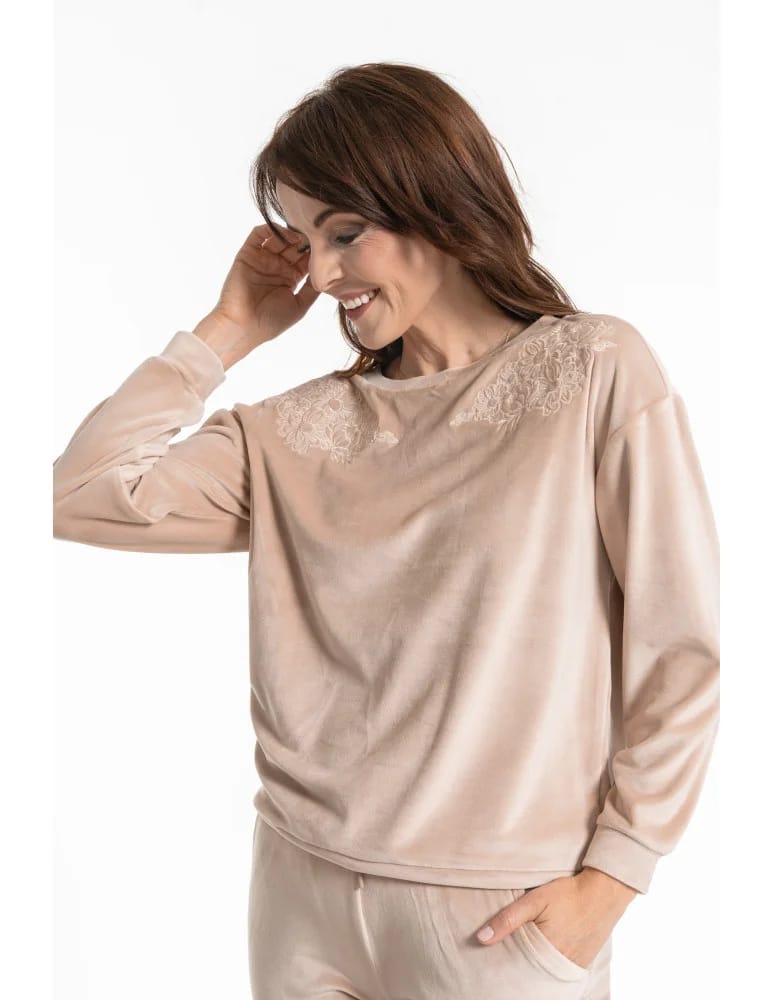 Bluzy damskie - Bluza damska welurowa bez kaptura z haftem BEŻOWY  - produkt moraj.pl 9