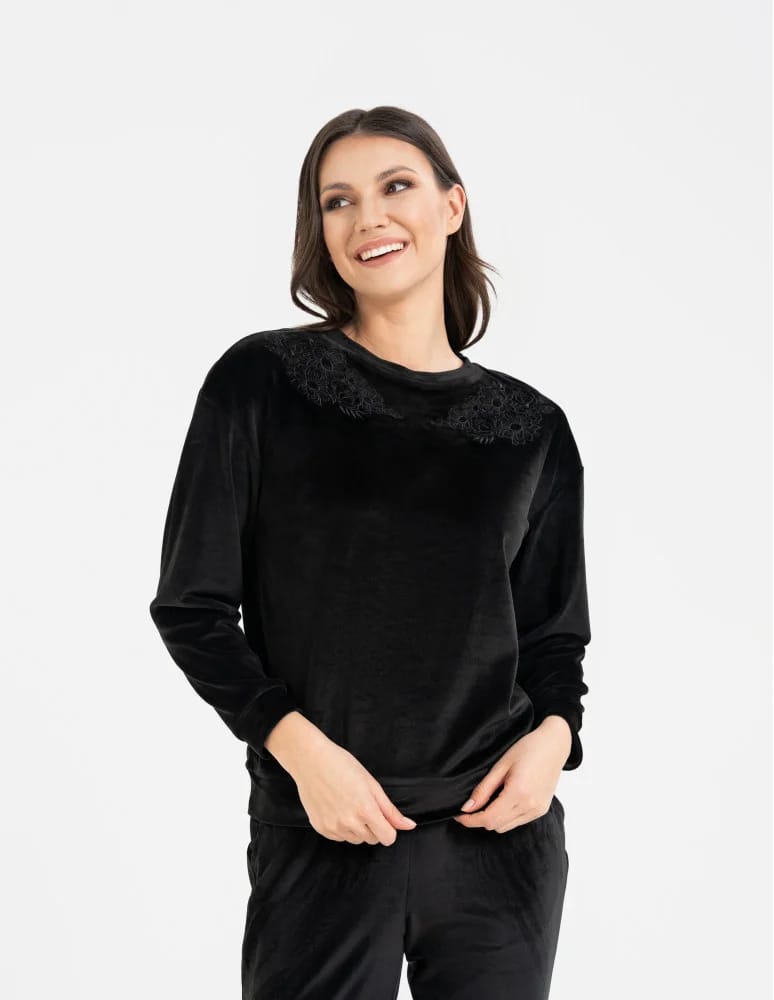 Bluzy damskie - Bluza damska welurowa bez kaptura z haftem CZARNY  - produkt moraj.pl 3