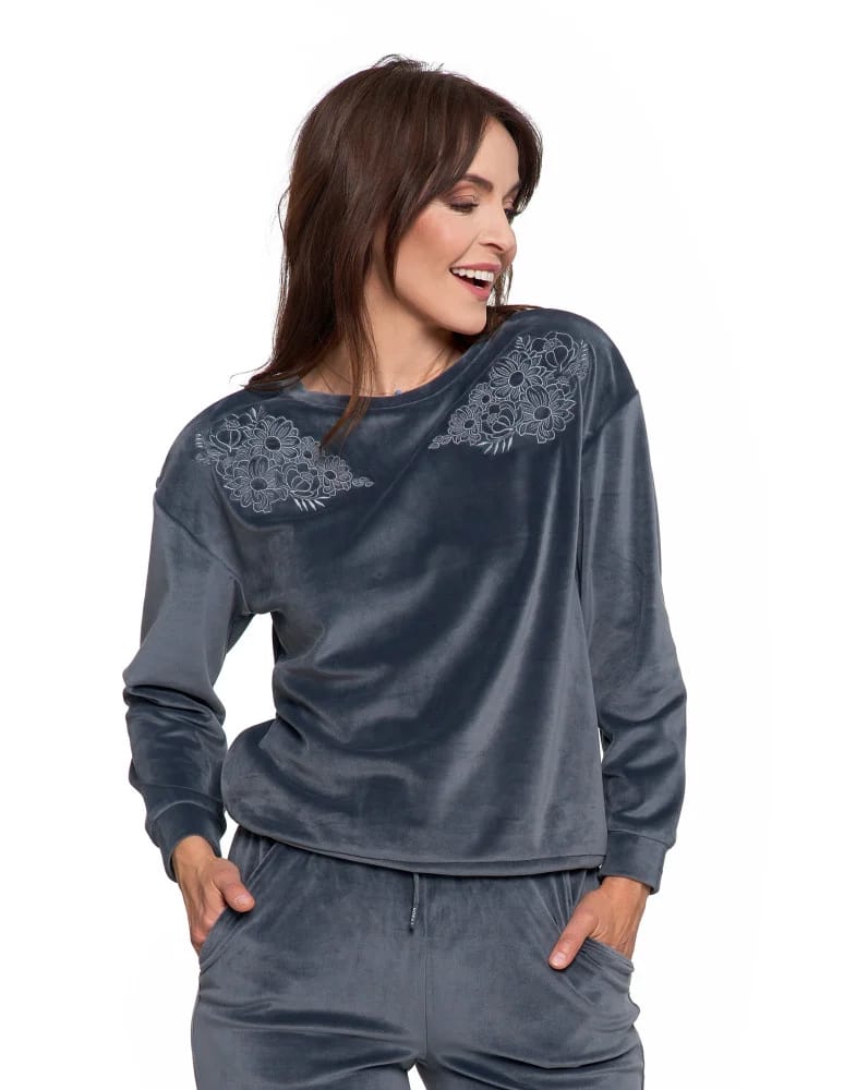 Bluzy damskie - Bluza damska welurowa bez kaptura z haftem GRAFITOWY  - produkt moraj.pl 9