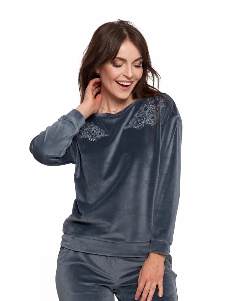 Bluzy damskie - Bluza damska welurowa bez kaptura z haftem GRAFITOWY  - produkt moraj.pl 10