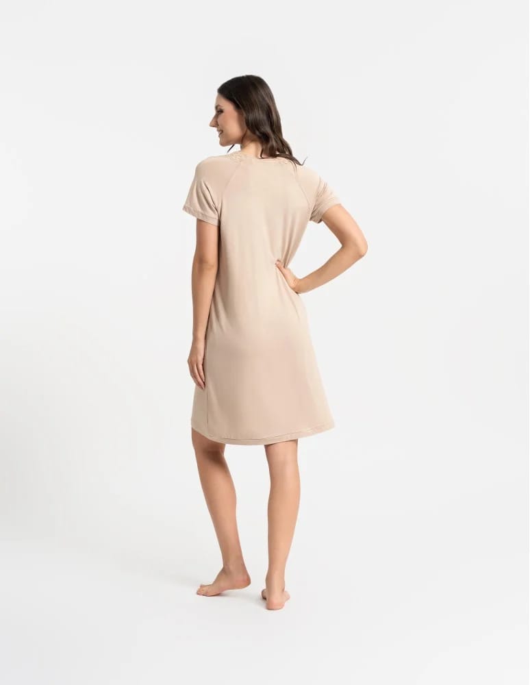 Koszule nocne z krótkim rękawem - Koszula nocna damska z krótkim rękawem Plus Size z wiskozy bambusowej BEŻOWY  - produkt moraj.pl 8
