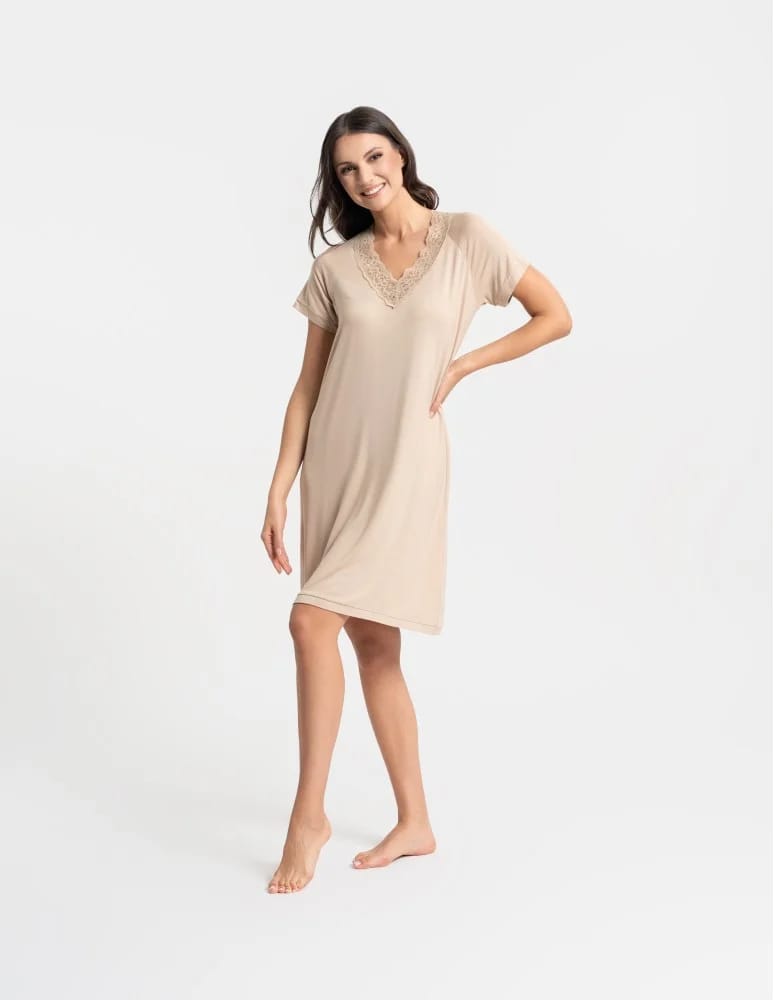 Koszule nocne z krótkim rękawem - Koszula nocna damska z krótkim rękawem Plus Size z wiskozy bambusowej BEŻOWY  - produkt moraj.pl 9