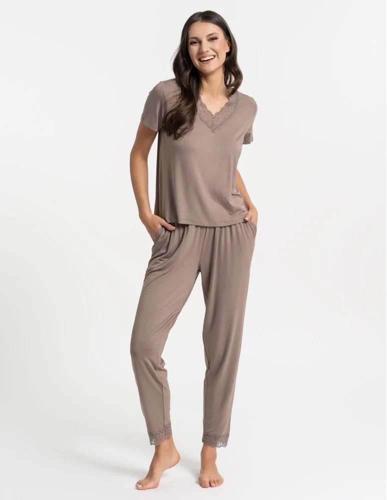 Piżamy z krótkim rękawem - Piżama damska z długimi spodniami Plus Size wiskoza bambusowa MOKKA - produkt moraj.pl 5