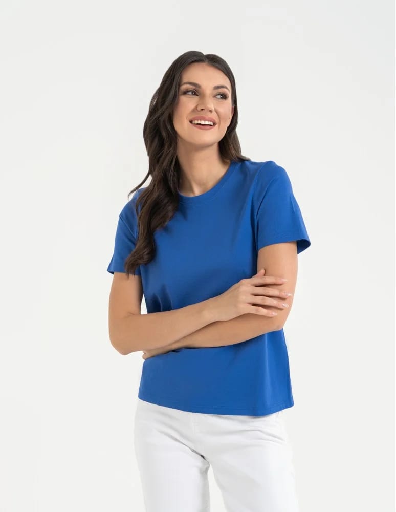 Koszulki z krótkim rękawem - T-shirt damski bawełniany bez szwów bocznych NIEBIESKI - produkt moraj.pl 3