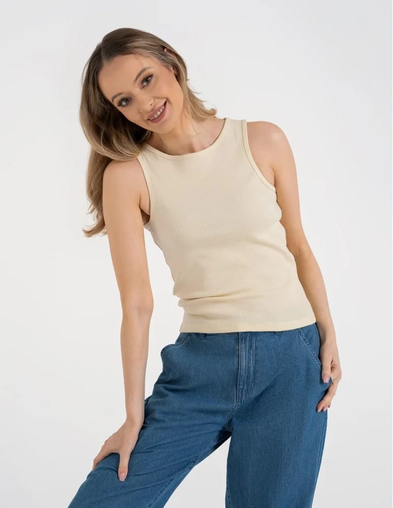 Topy na ramiączkach - Damska koszulka Tank Top w prążek BEŻOWY  - produkt moraj.pl 4