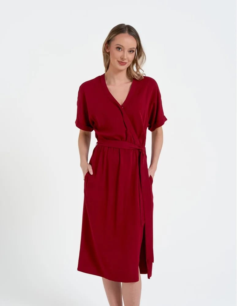 Sukienki midi - Sukienka damska wiskozowa midi z krótkim rękawem typu kimono CZERWONY - produkt moraj.pl 14