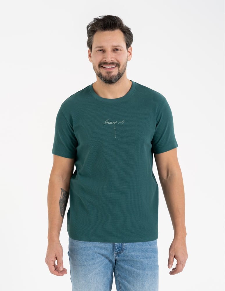 T-shirt męski bawełniany o regularnym kroju z nadrukiem ZIELONY
