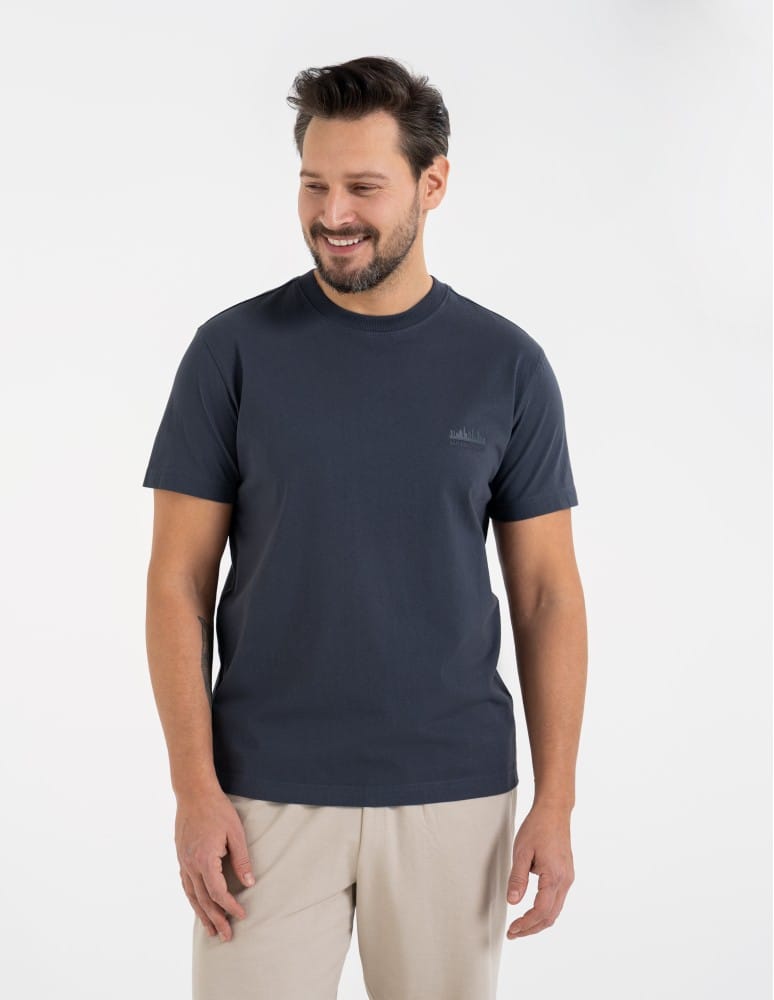 Koszulki z krótkim rękawem - T-shirt męski bawełniany 100% z nadrukiem GRANATOWY - produkt moraj.pl 1