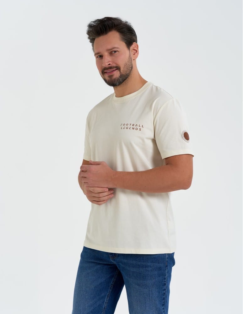 Koszulki z krótkim rękawem - T-shirt męski bawełniany ze sportowym akcentem o regularnym kroju BEŻOWY - produkt moraj.pl 1