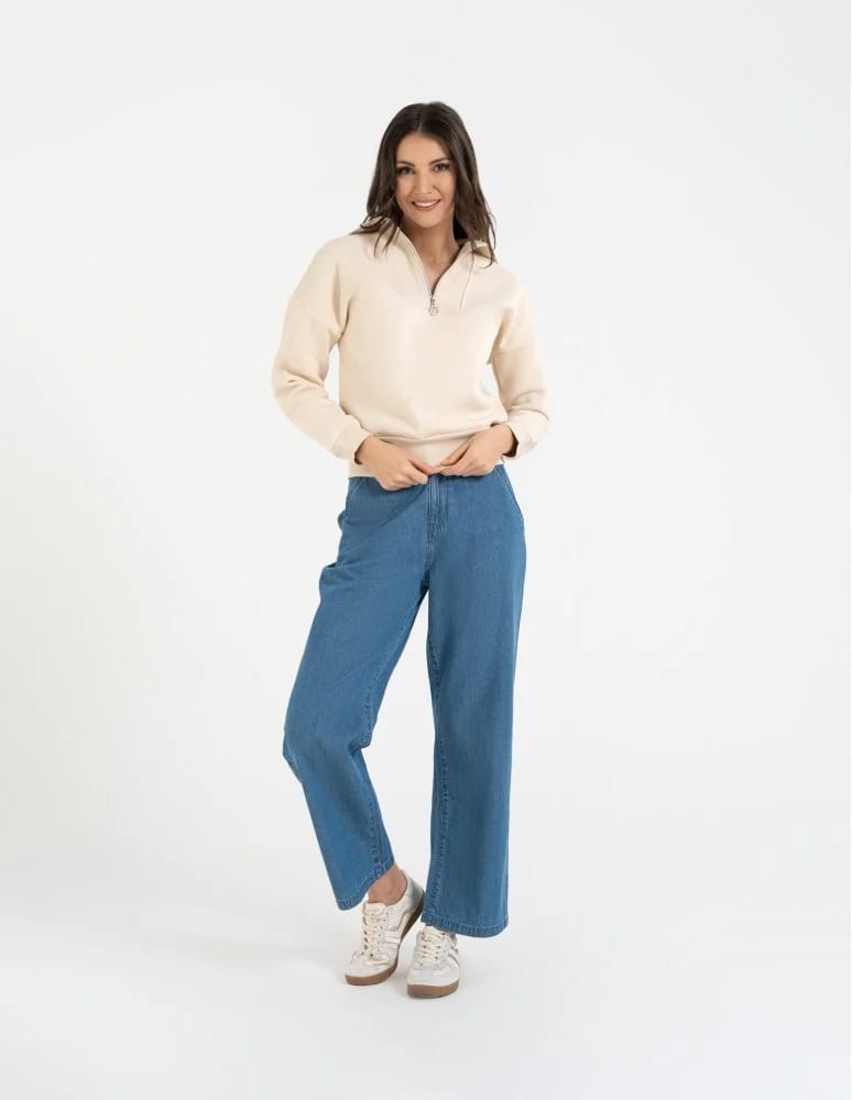 Bluzy damskie - Damska bluza dresowa ze stójką i zamkiem ocieplana BEŻOWY  - produkt moraj.pl 10