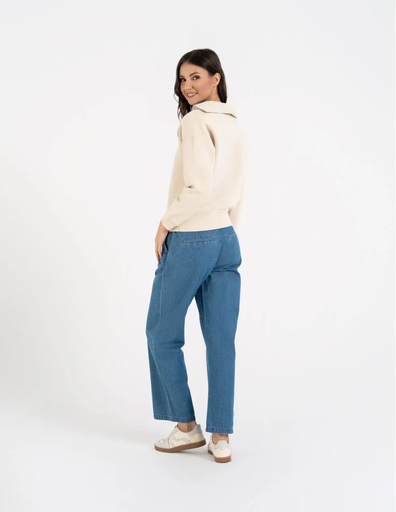 Bluzy damskie - Damska bluza dresowa ze stójką i zamkiem ocieplana BEŻOWY  - produkt moraj.pl 11