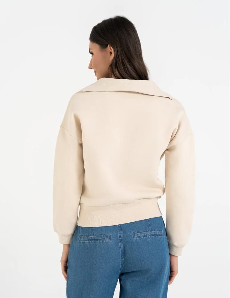 Bluzy damskie - Damska bluza dresowa ze stójką i zamkiem ocieplana BEŻOWY  - produkt moraj.pl 8