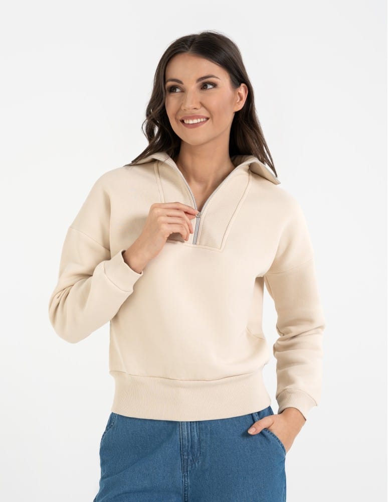 Bluzy damskie - Damska bluza dresowa ze stójką i zamkiem ocieplana BEŻOWY - produkt moraj.pl 1