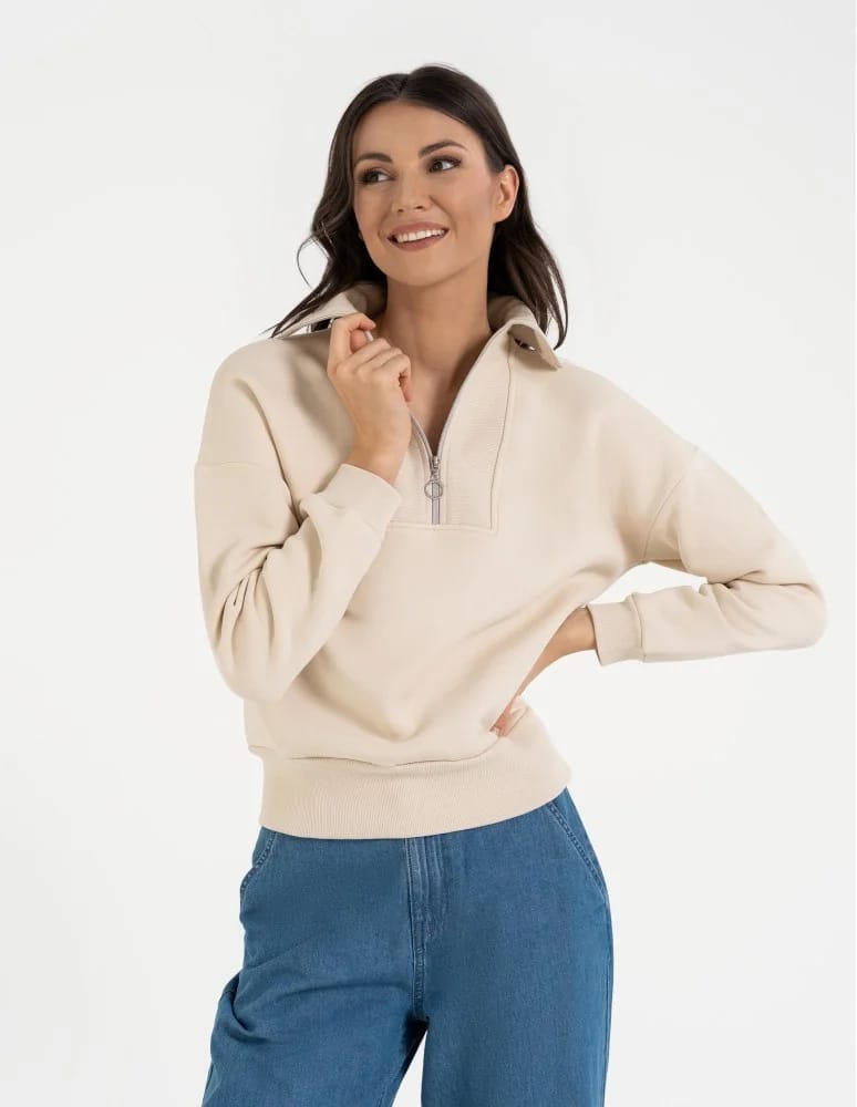 Bluzy damskie - Damska bluza dresowa ze stójką i zamkiem ocieplana BEŻOWY  - produkt moraj.pl 3