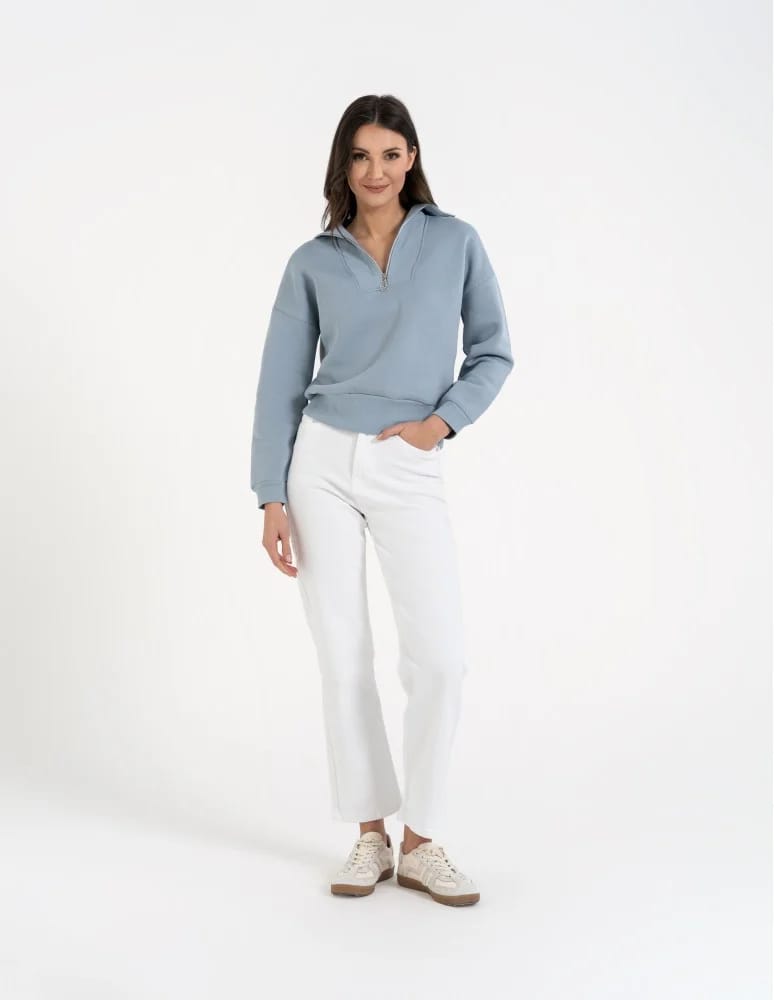 Bluzy damskie - Damska bluza dresowa ze stójką i zamkiem ocieplana NIEBIESKI - produkt moraj.pl 7