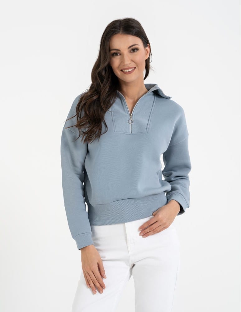 Bluzy damskie - Damska bluza dresowa ze stójką i zamkiem ocieplana NIEBIESKI  - produkt moraj.pl 3