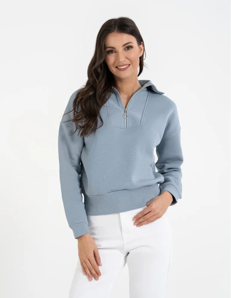 Bluzy damskie - Damska bluza dresowa ze stójką i zamkiem ocieplana NIEBIESKI - produkt moraj.pl 3