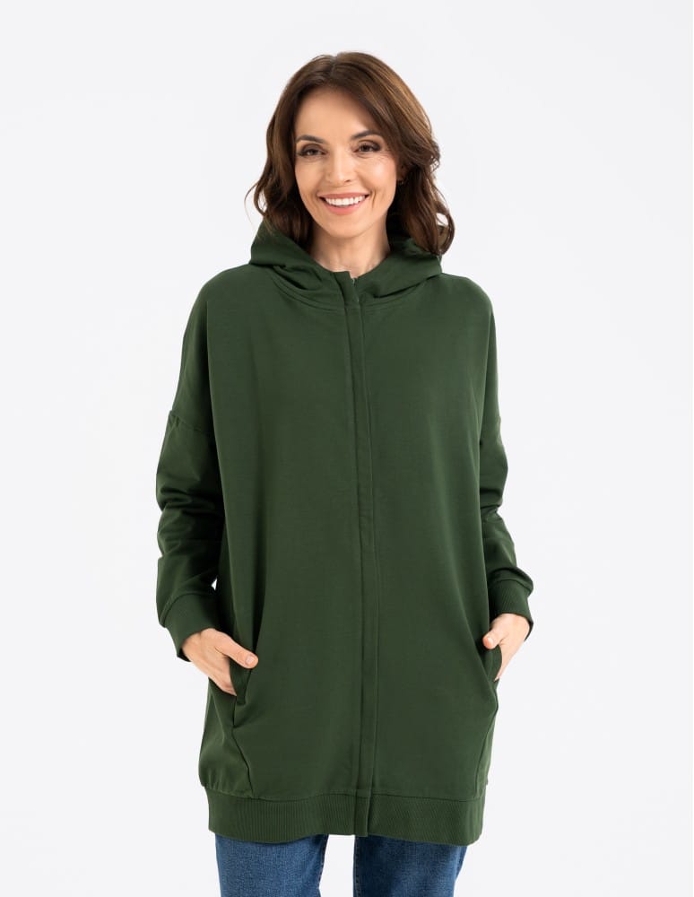 Bluzy damskie - Bluza damska dresowa długa z kapturem i zamkiem ZIELONY  - produkt moraj.pl 3