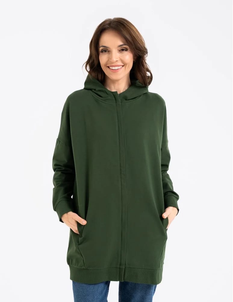 Bluzy damskie - Bluza damska dresowa długa z kapturem i zamkiem ZIELONY  - produkt moraj.pl 3