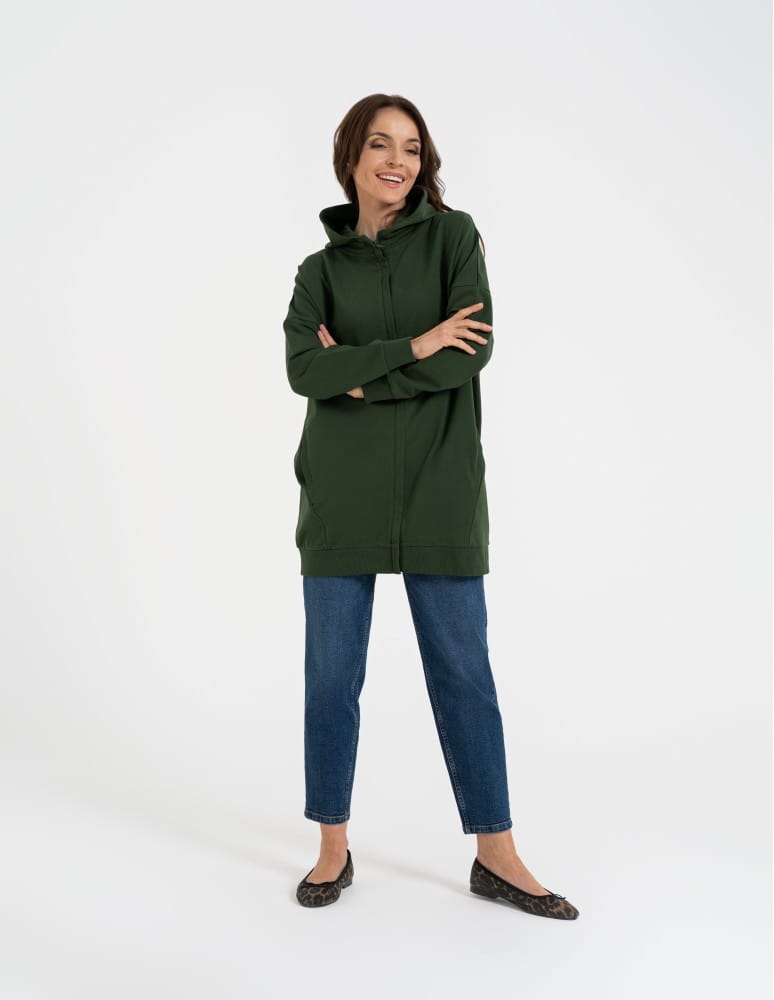 Bluzy damskie - Bluza damska dresowa długa z kapturem i zamkiem ZIELONY - produkt moraj.pl 1