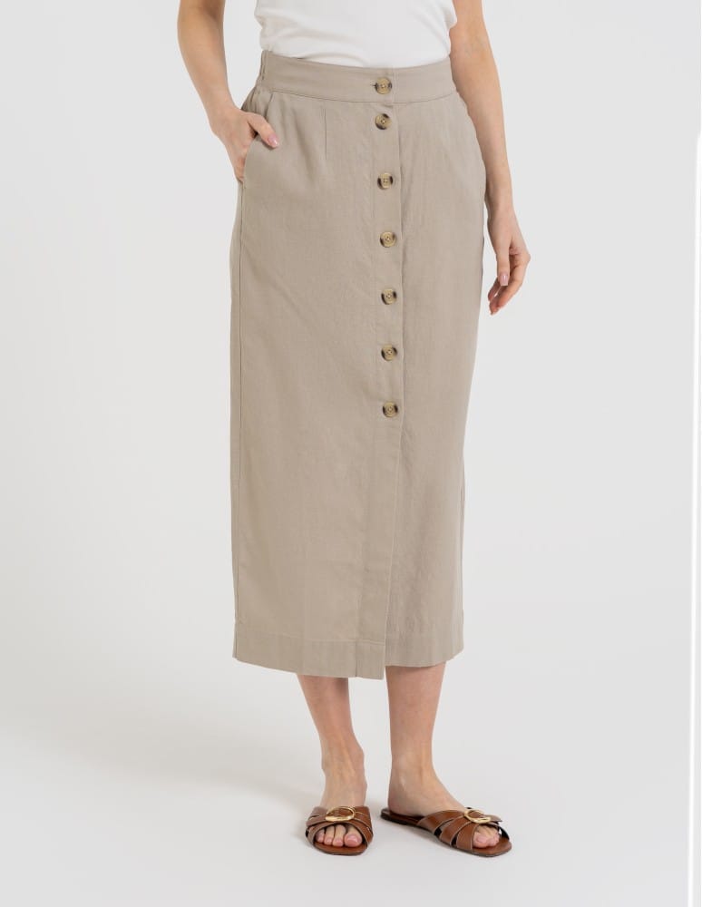 Spódnice midi - Spódnica damska midi casual z lnem i wiskozą BEŻOWY  - produkt moraj.pl 5