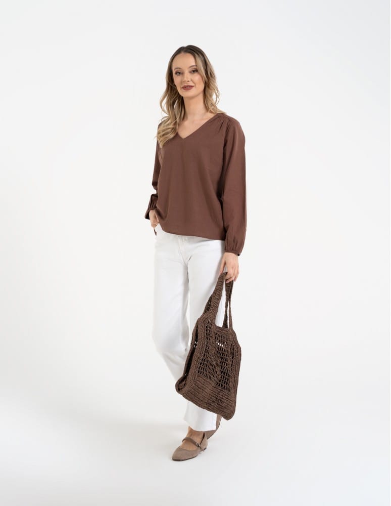 Bluzki z długim rękawem - Bluzka damska lniana casual z długim rękawem BRĄZOWY  - produkt moraj.pl 3