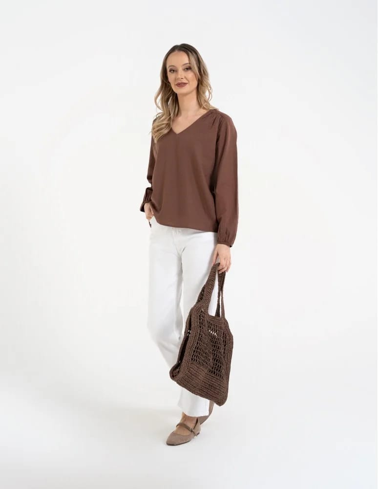Bluzki z długim rękawem - Bluzka damska lniana casual z długim rękawem BRĄZOWY - produkt moraj.pl 3