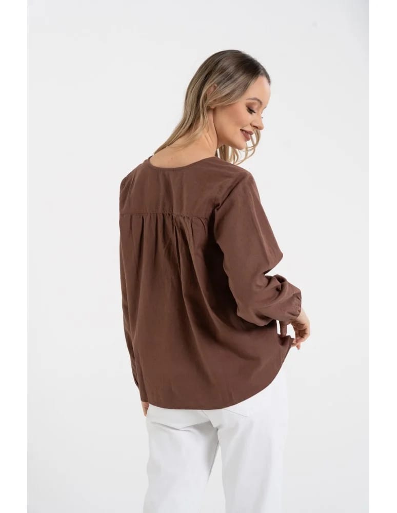 Bluzki z długim rękawem - Bluzka damska lniana casual z długim rękawem BRĄZOWY - produkt moraj.pl 7