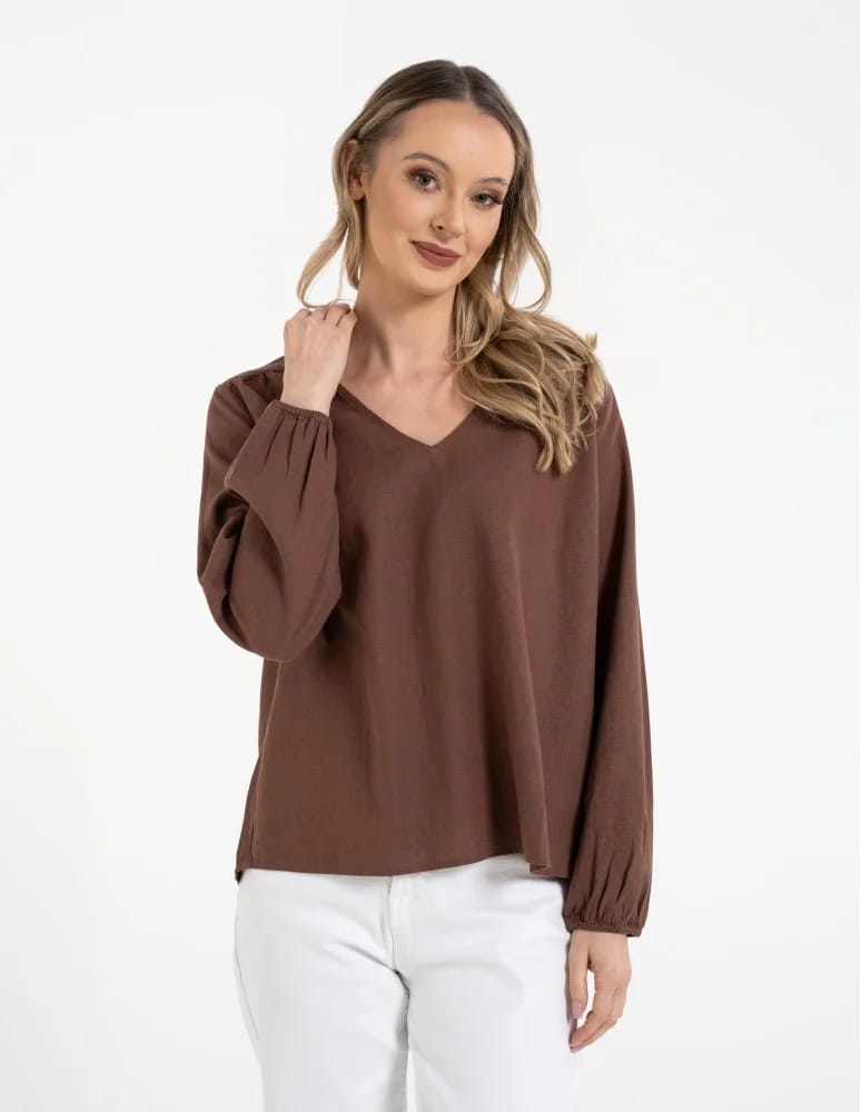 Bluzki z długim rękawem - Bluzka damska lniana casual z długim rękawem BRĄZOWY - produkt moraj.pl 6