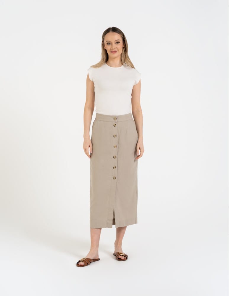 Spódnice midi - Spódnica damska midi casual z lnem i wiskozą BEŻOWY  - produkt moraj.pl 3