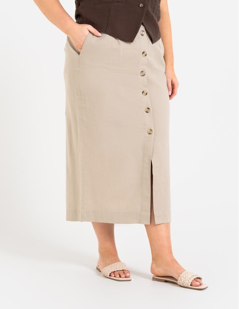 Spódnice midi - Spódnica damska midi casual z lnem i wiskozą BEŻOWY  - produkt moraj.pl 10