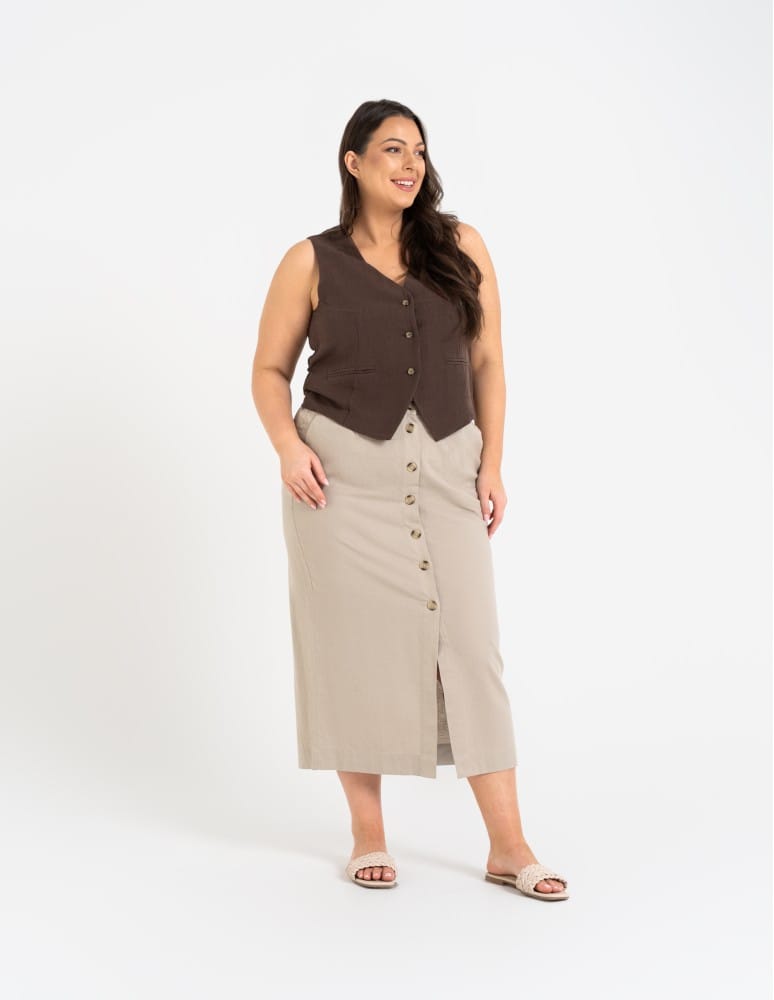 Spódnice midi - Spódnica damska midi casual z lnem i wiskozą BEŻOWY  - produkt moraj.pl 13