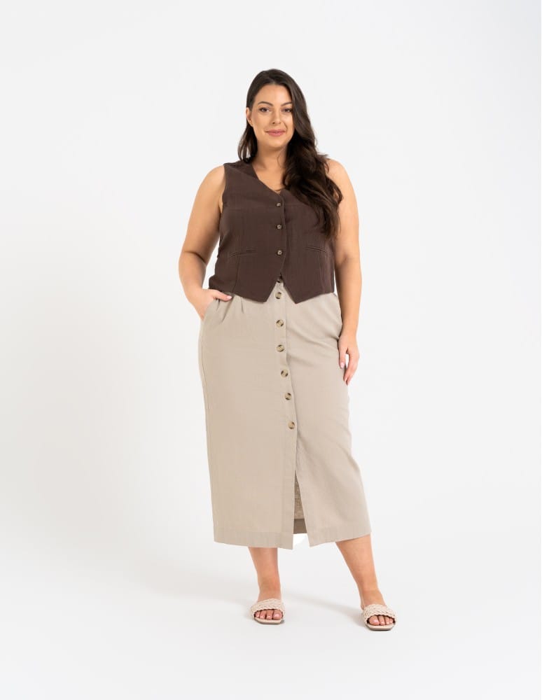 Spódnice midi - Spódnica damska midi casual z lnem i wiskozą BEŻOWY  - produkt moraj.pl 9
