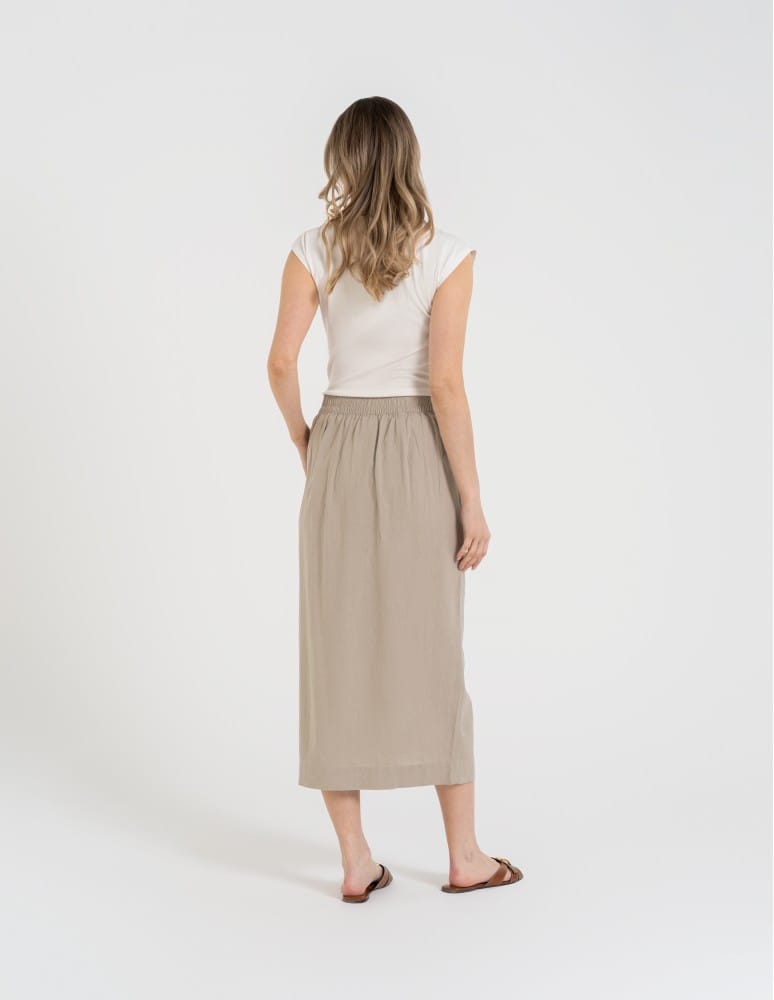 Spódnice midi - Spódnica damska midi casual z lnem i wiskozą BEŻOWY  - produkt moraj.pl 6