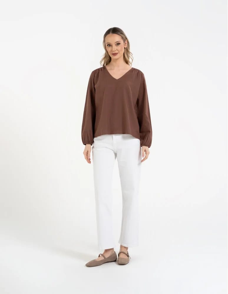 Bluzki z długim rękawem - Bluzka damska lniana casual z długim rękawem BRĄZOWY - produkt moraj.pl 9