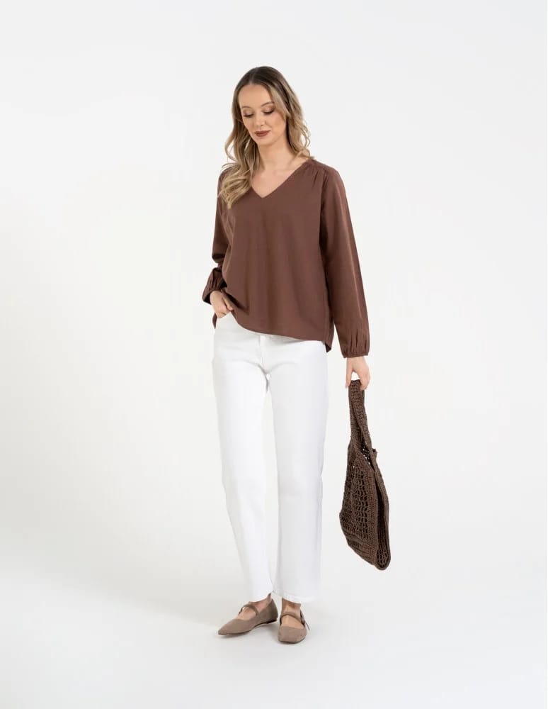 Bluzki z długim rękawem - Bluzka damska lniana casual z długim rękawem BRĄZOWY - produkt moraj.pl 10