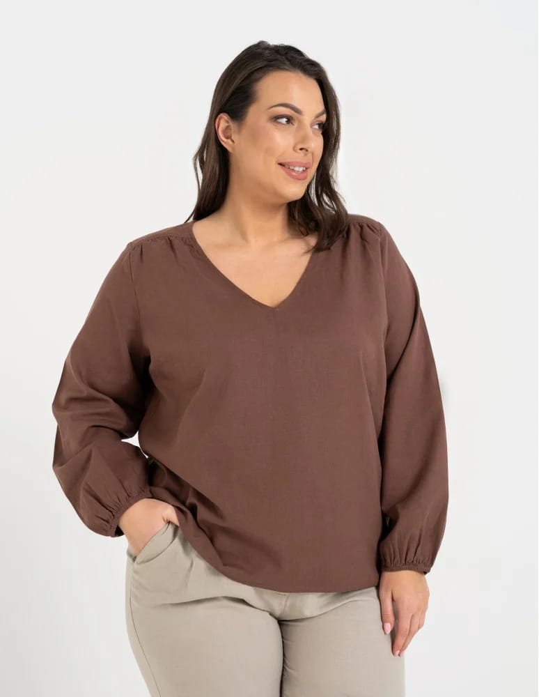 Bluzki z długim rękawem - Bluzka damska lniana casual z długim rękawem BRĄZOWY - produkt moraj.pl 15
