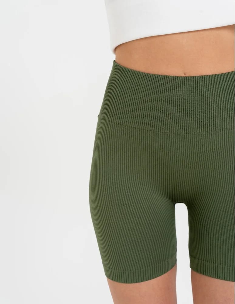 Legginsy damskie - Bezszwowe legginsy kolarki damskie z wysokim stanem w prążek KHAKI - produkt moraj.pl 5