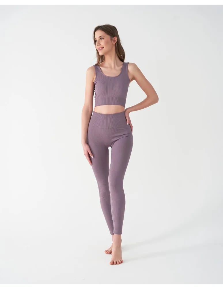 Legginsy damskie - Legginsy damskie sportowe w prążek wysoki stan FIOLETOWY - produkt moraj.pl 3