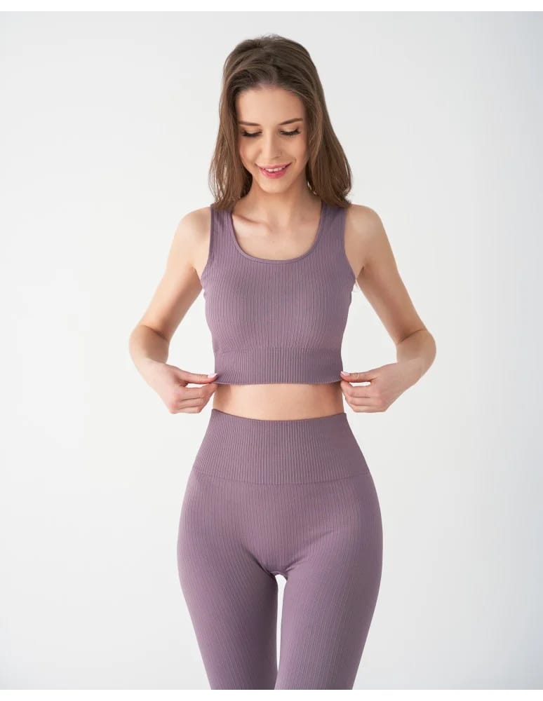 Legginsy damskie - Legginsy damskie sportowe w prążek wysoki stan FIOLETOWY - produkt moraj.pl 5