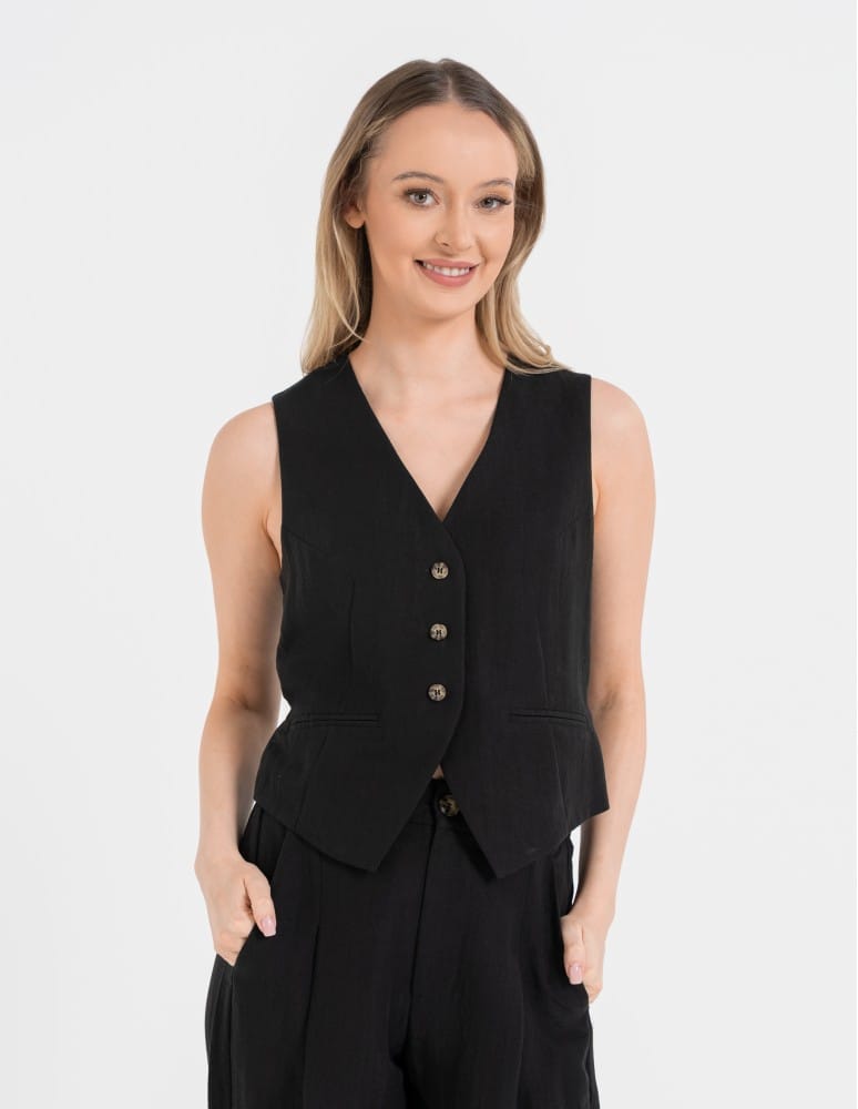 Kamizelki damskie - Kamizelka damska casual krótka garniturowa z regulacją z tyłu CZARNY - produkt moraj.pl 1