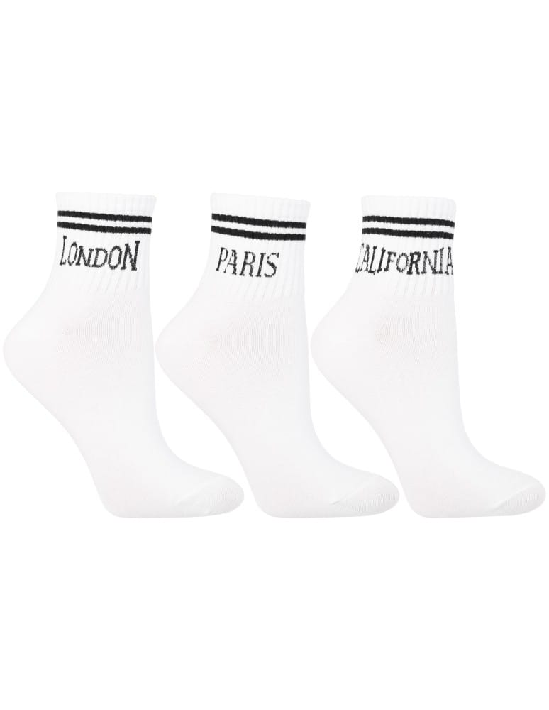 Skarpetki długie - Bawełniane skarpetki damskie do sneakersów napisy miasta 3-pak BIAŁY - produkt moraj.pl 1