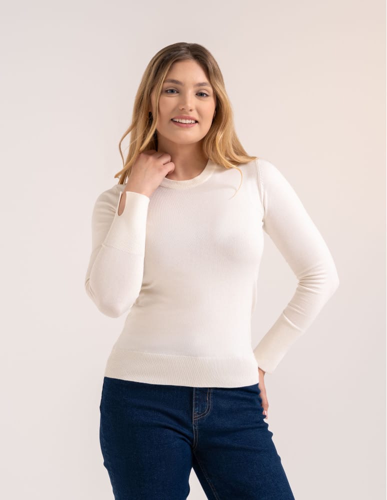 Sweter damski miękki w dotyku z wiskozy klasyczny bez wzoru BIAŁY