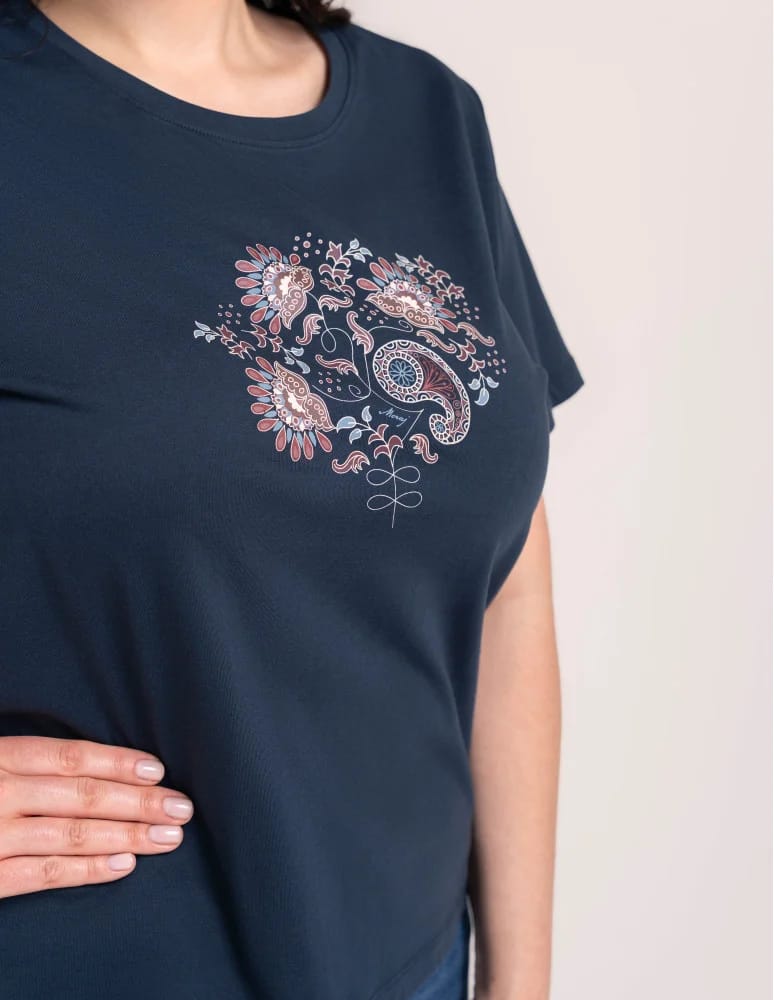 Koszulki z krótkim rękawem - Bawełniany t-shirt damski z krótkim rękawem w stylu boho GRANATOWY  - produkt moraj.pl 9