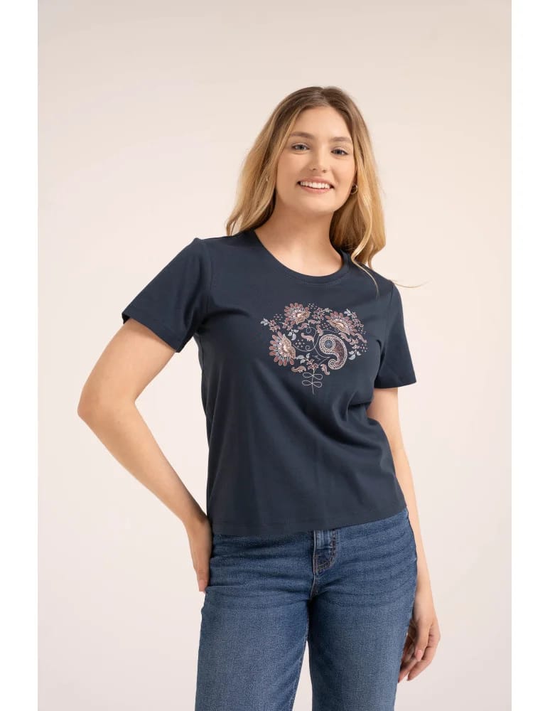 Koszulki z krótkim rękawem - Bawełniany t-shirt damski z krótkim rękawem w stylu boho GRANATOWY  - produkt moraj.pl 3