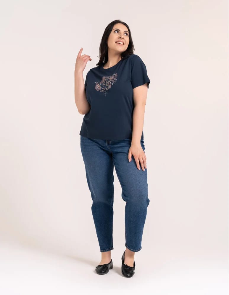 Koszulki z krótkim rękawem - Bawełniany t-shirt damski z krótkim rękawem w stylu boho GRANATOWY  - produkt moraj.pl 10