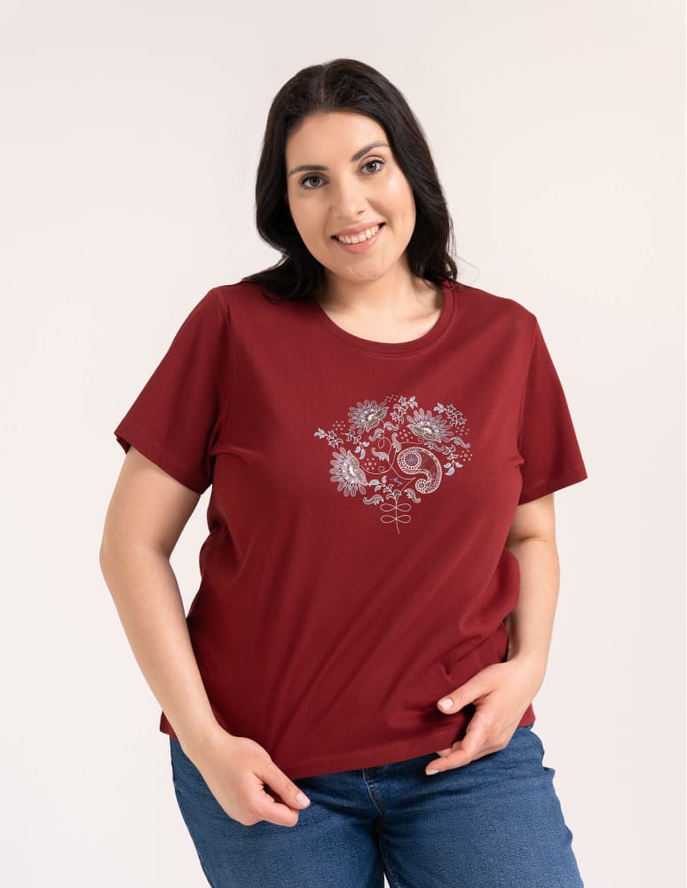 Koszulki z krótkim rękawem - Bawełniany t-shirt damski z krótkim rękawem w stylu boho BORDOWY - produkt moraj.pl 1