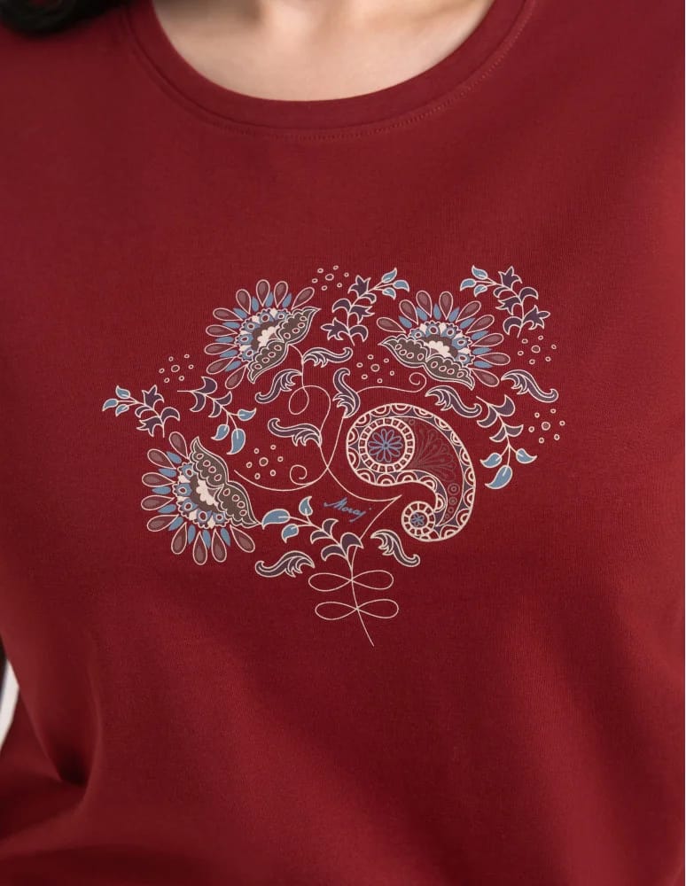 Koszulki z krótkim rękawem - Bawełniany t-shirt damski z krótkim rękawem w stylu boho BORDOWY  - produkt moraj.pl 2